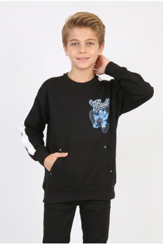 Erkek Çocuk Üç İplik Şardonlu Arka Bulls Yazılı ve Kol Şerit Detaylı Günlük Sweatshirt