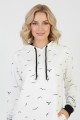 Kadın Beyaz Martı Desenli Kapüşonlu Cepli Uzun Kollu Jakarlı İnterlok Penye Sweatshirt Elbise