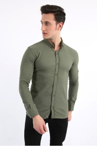 Armür Desenli Likralı Yeşil Gömlek