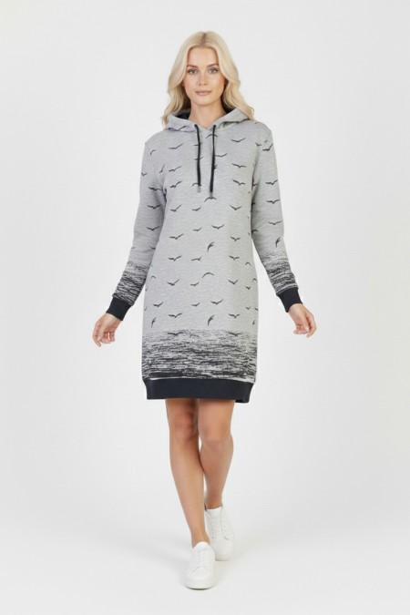 Kadın Gri Martı Desenli Kapüşonlu Cepli Uzun Kollu Jakarlı İnterlok Penye Sweatshirt Elbise