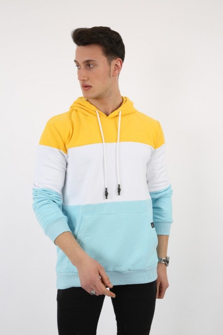 Üç Şardonlu Kapşonlu Parçalı Kanguru Cepli Erkek Günlük Sweatshirt