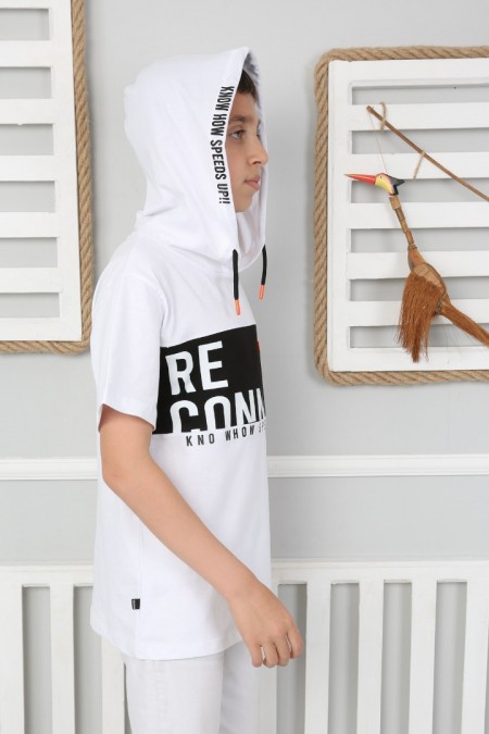 Kapşonlu Baskılı 100% Cotton Beyaz Tişört