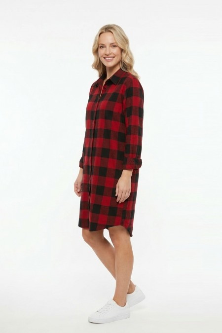 Kadın Kırmızı Siyah Ekose Desenli Düğmeli Uzun Kollu Pamuklu Gömlek Tunik Elbise
