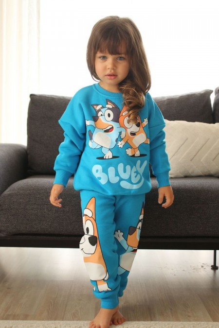 Üç İplik Şardonlu Arka Baskılı Mavi Takım 