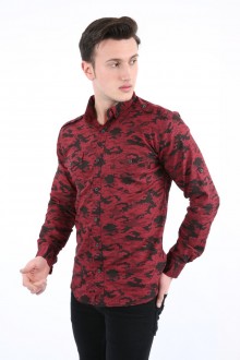 Erkek Kamuflaj Desenli Slim Fit Çift Cepli Apolet Detaylı Uzun Kollu Pamuklu Gömlek