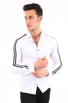 Erkek Slim Fit Kolu Çift Beyaz Şerit Detaylı Uzun Kollu Düğmeli Pamuklu Şık Gömlek