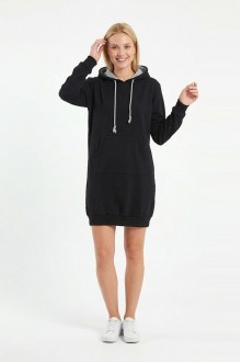 Kadın Siyah Kapüşonlu Kanguru Cep Detaylı Uzun Kollu  Sweatshirt Tunik Elbise
