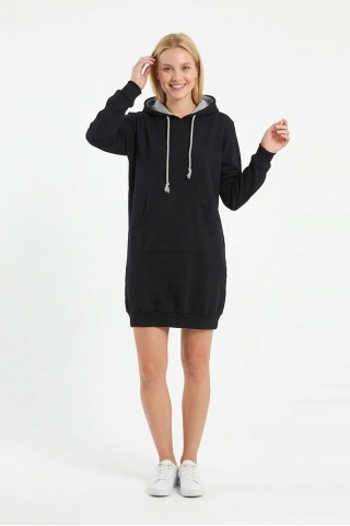 Kadın Siyah Kapüşonlu Kanguru Cep Detaylı Uzun Kollu  Sweatshirt Tunik Elbise