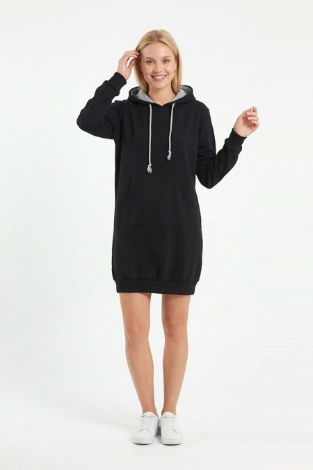 Kadın Siyah Kapüşonlu Kanguru Cep Detaylı Uzun Kollu  Sweatshirt Tunik Elbise