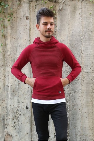 Alttan Çıkmalı Fitilli Kapşonlu Bordo Sweat