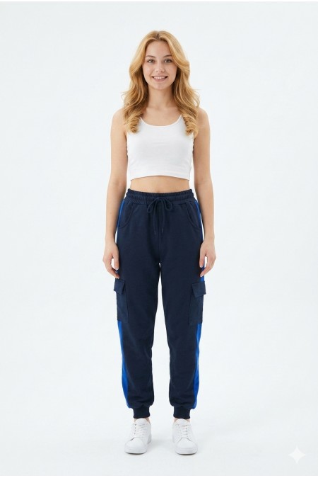 Kadın Şeritli Kargo Cepli Rahat Kesim Lastik Paçalı Günlük Spor Alt Eşofman