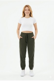 Bayan İki İplik Üç Çizgili Rahat Kesim Lastik Paçalı Cepli Günlük Spor Giyim Alt Eşofman