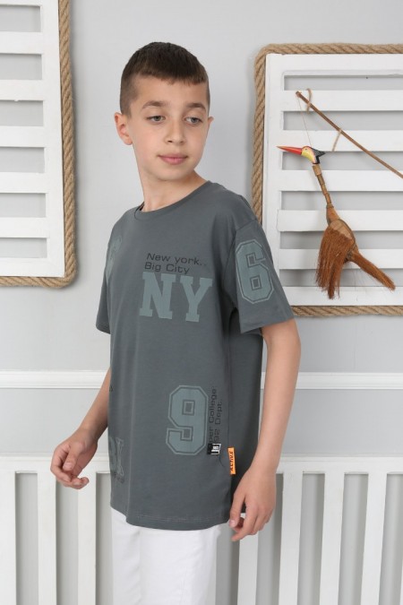  Sıfır Yaka Baskılı %100 Cotton Kumaş Antrasit Tişört