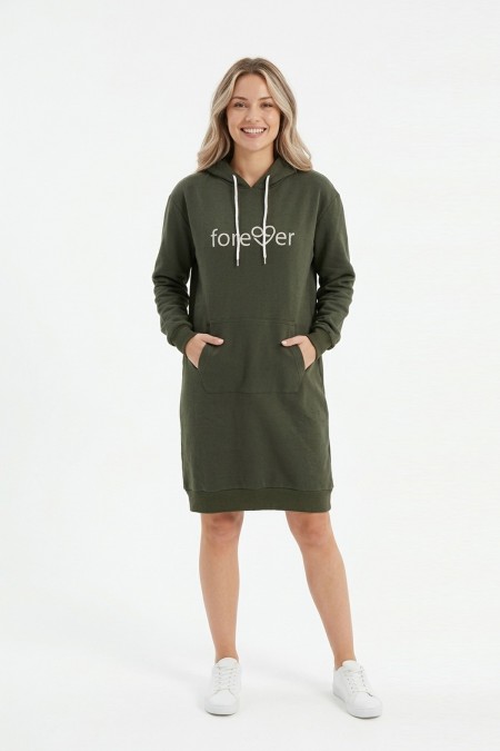 Kadın Haki Forever Baskılı Kapüşonlu Kanguru Cepli Uzun Sweatshirt Tunik Elbise