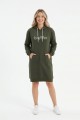 Kadın Haki Forever Baskılı Kapüşonlu Kanguru Cepli Uzun Sweatshirt Tunik Elbise