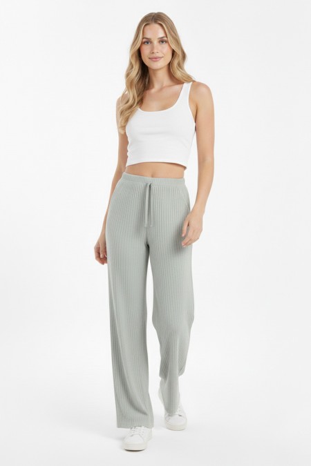 Kadın Mint Yüksek Bel Fitilli Örme Bağcıklı Esnek Likralı Geniş Paça Pantolon