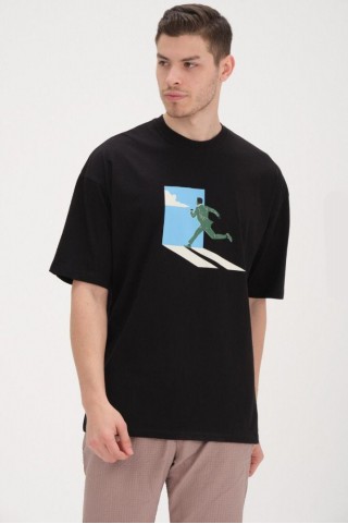 30/1 Penye Baskılı Oversize Siyah Tişört 