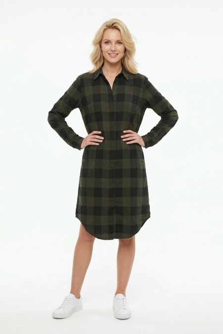 Kadın Haki Siyah Ekose Desenli Düğmeli Uzun Kollu Pamuklu Gömlek Tunik Elbise