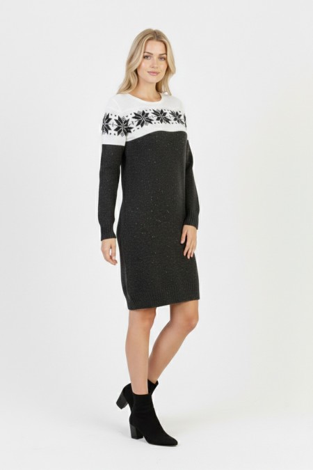 Kadın Füme Kar Tanesi Desenli Bisiklet Yaka Uzun Kollu Jakarlı Mini Triko Kazak Elbise