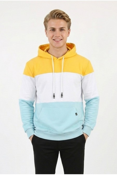 Erkek Üç İplik Şardonlu Kapüşonlu Parçalı Kanguru Cepli Günlük Sweatshirt