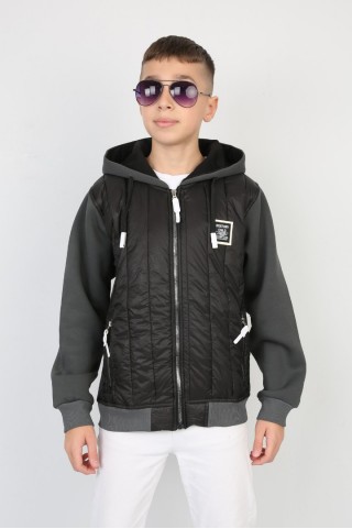 Üç İplik Kapşonlu Fermuarlı Baskılı Antrsit Sweat