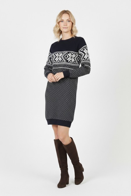  Kadın Lacivert Kar Tanesi Desenli Bisiklet Yaka Raglan Kol Jakarlı Triko Mini Kazak Tunik 