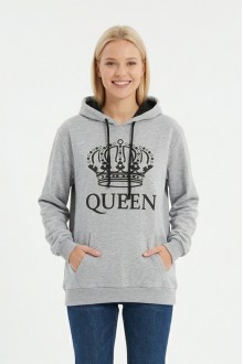 Kadın Gri Queen Yazılı Taç Baskılı Kapüşonlu Kanguru Cepli Sweatshirt