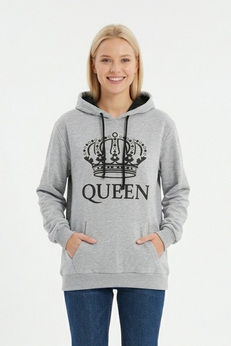 Kadın Gri Queen Yazılı Taç Baskılı Kapüşonlu Kanguru Cepli Sweatshirt
