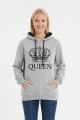 Kadın Gri Queen Yazılı Taç Baskılı Kapüşonlu Kanguru Cepli Sweatshirt