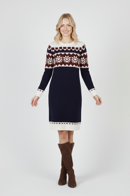 Kadın Lacivert Desenli Bisiklet Yaka Uzun Kollu Jakarlı Triko Kazak Elbise