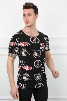 Erkek Karışık Grafik Baskılı Salaş Yaka Pamuklu Kısa Kollu Slim Fit Tişört