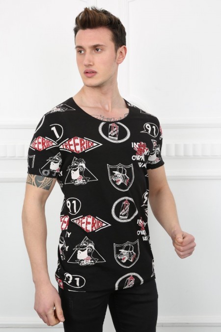 Erkek Karışık Grafik Baskılı Salaş Yaka Pamuklu Kısa Kollu Slim Fit Tişört