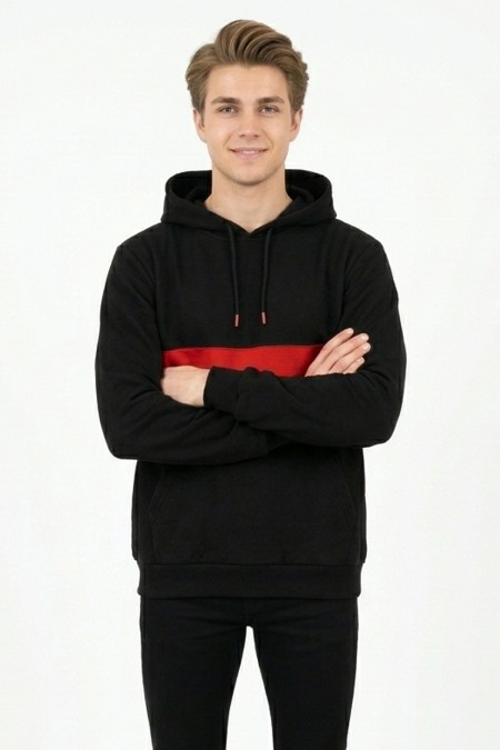 Erkek Üç İplik Kapşonlu Kalın Çizgili Kanguru Cepli Günlük Sweatshirt