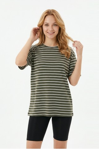 Kadın Yatay Çizgili Bisiklet Yaka Slim Fit Pamuklu Kısa Kollu Yazlık Tişört