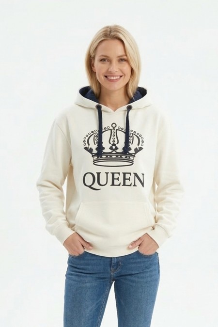 Kadın Beyaz Queen Yazılı Taç Baskılı Kapüşonlu Kanguru Cepli Sweatshirt