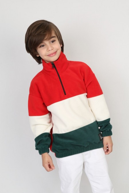 Full Polar Kumaş Yarım Fermuarlı Garnili Kırmızı  Sweat
