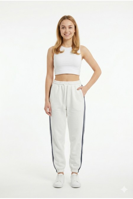 Bayan İki İplik Üç Çizgili Rahat Kesim Lastik Paçalı Cepli Günlük Spor Giyim Alt Eşofman