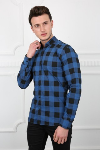 Büyük Kare Likralı Saks Gömlek