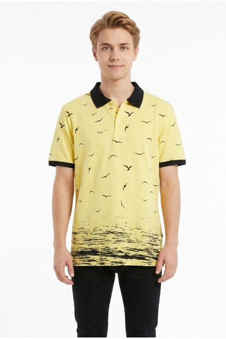 Erkek Martı Desenli Garnili Polo Yaka Kısa Kollu Slim Fit Pamuklu Tişört