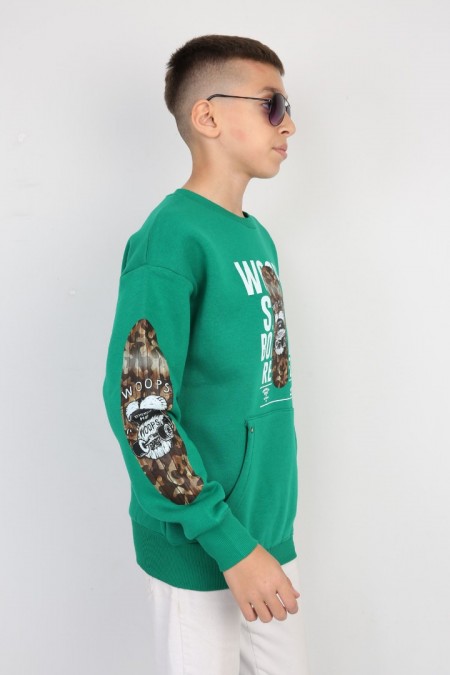 Üç İplik Şardonlu Baskılı Yeşil Sweat