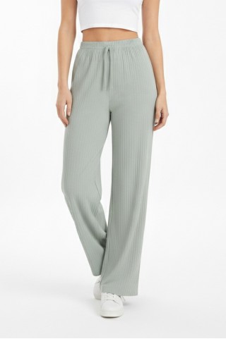 Kadın Mint Yüksek Bel Fitilli Örme Bağcıklı Esnek Likralı Geniş Paça Pantolon