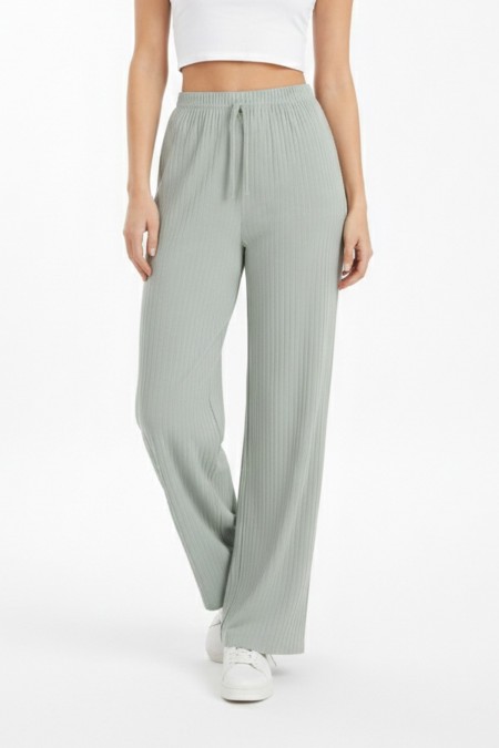 Kadın Mint Yüksek Bel Fitilli Örme Bağcıklı Esnek Likralı Geniş Paça Pantolon