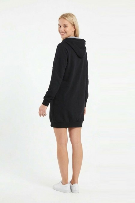 Kadın Siyah Kapüşonlu Kanguru Cep Detaylı Uzun Kollu  Sweatshirt Tunik Elbise