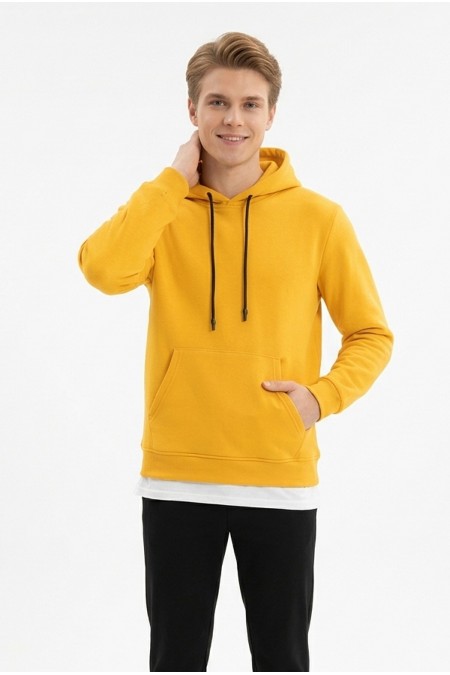 Erkek Üç İplik Şardonlu Kapşonlu Kanguru Cepli Alttan Çıkmalı Günlük Sweatshirt