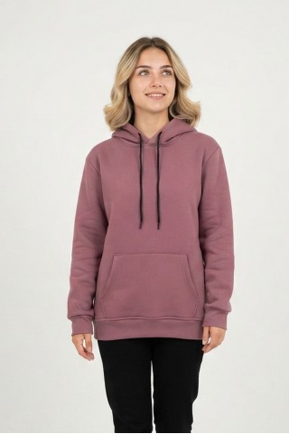 Kadın Kapşonlu Cepli Şardonlu Kalın Günlük Rahat Kesim Sweatshirt 