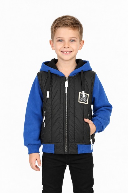  Erkek Çocuk Üç İplik Armalı Kapüşonlu Fermuarlı İçi Termal Kolları Polar Günlük Sweatshirt