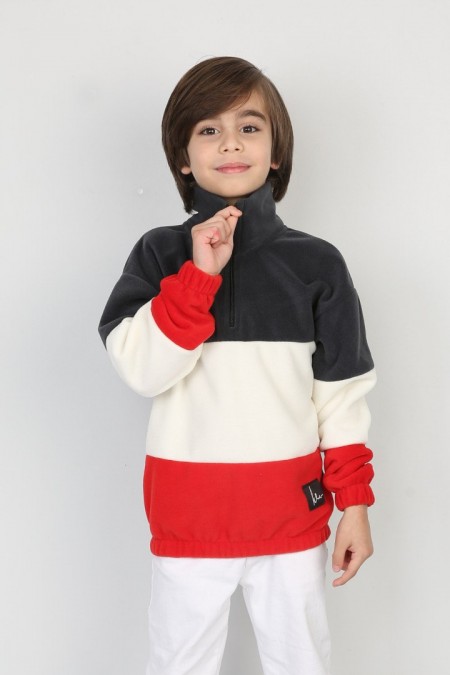 Full Polar Kumaş Yarım Fermuarlı Garnili Füme Beyaz Sweat