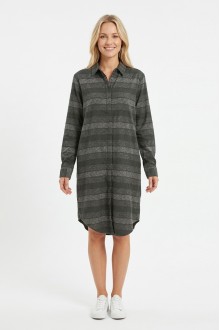 Kadın Haki Yatay Çizgili Boydan Düğmeli Uzun Kollu Gömlek Tunik Elbise