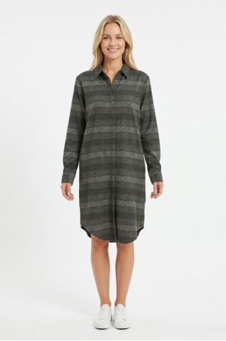 Kadın Haki Yatay Çizgili Boydan Düğmeli Uzun Kollu Gömlek Tunik Elbise