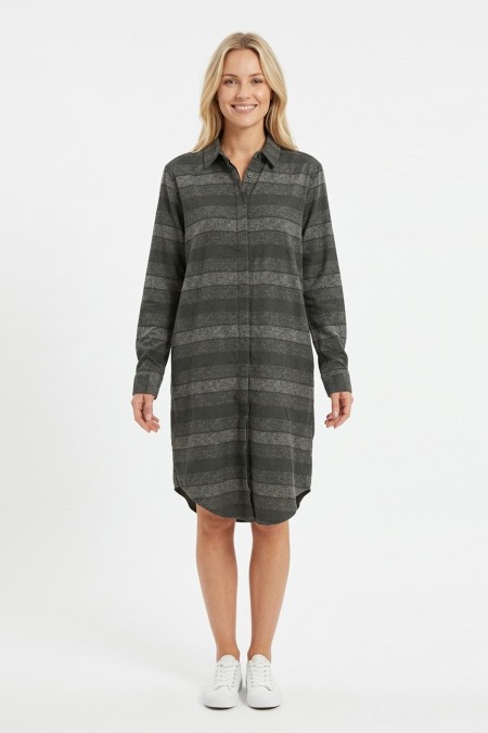 Kadın Haki Yatay Çizgili Boydan Düğmeli Uzun Kollu Gömlek Tunik Elbise